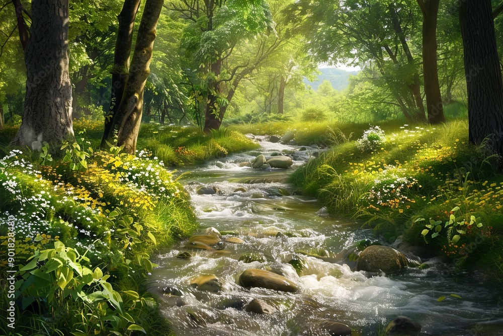 Obraz premium A serene countryside scene, with a babbling brook and lush greenery, creating a dreamy holiday wallpaper.