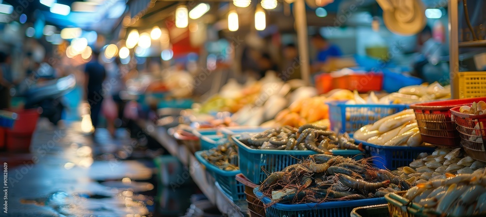 Vibrant Seafood Market in Asian City: Fresh Fish and Shellfish Stalls for Diverse Marine Products Vibrant Seafood Market in Asian City: Fresh Fish and Shellfish Stalls for Diverse Marine Products