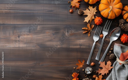 Autumn Table Setting With Pumpkins and Leaves