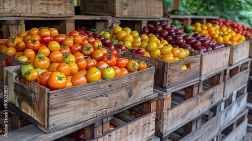 Freshly picked assorted colorful tomatoes neatly displayed for sale in rustic wooden crates at an outdoor market.