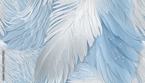 Closeup of feathers in shades of blue and white. Artistic, decorative.