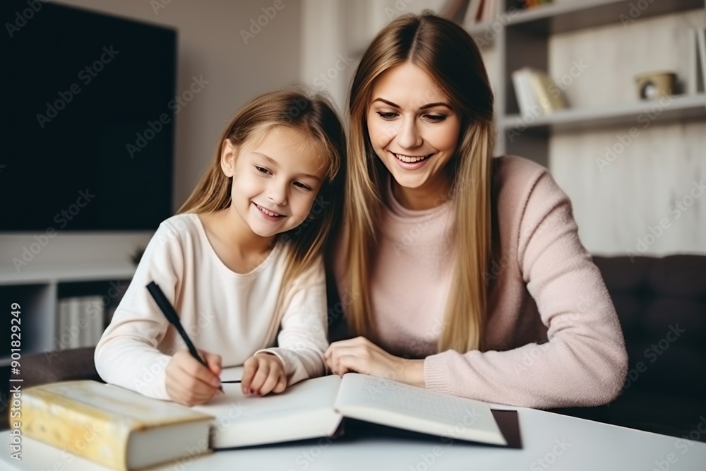 Mom helps daughter do homework sitting at table writing in notebook right answer. Girl asks mother to help with homework at table with laptop. Mom in cozy modern apartment helps daughter with lessons Mom helps daughter do homework sitting at table writing in notebook right answer. Girl asks mother to help with homework at table with laptop. Mom in cozy modern apartment helps daughter with lessons