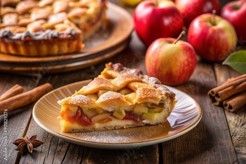 Slice of apple pie on a plate with apples and cinnamon sticks in the background. Cozy autumn dessert scene