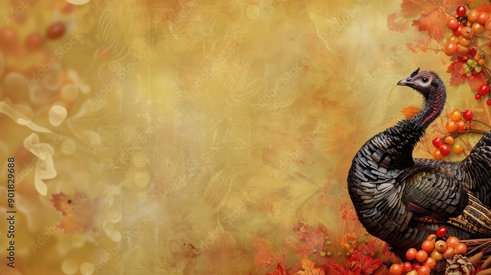 Obraz premium Autumnal background with a turkey and fall leaves.