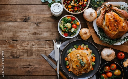 Roasted Chicken and Side Dish on Wooden Table