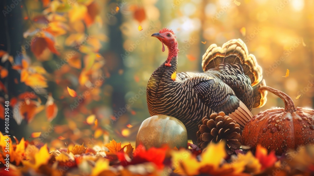 Fototapeta premium Turkey in autumn leaves with pumpkins and a pine cone.