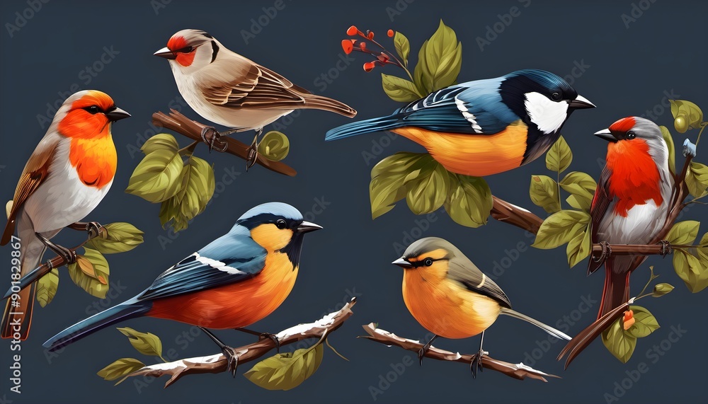 Fototapeta premium Garden Birds on a plain background
