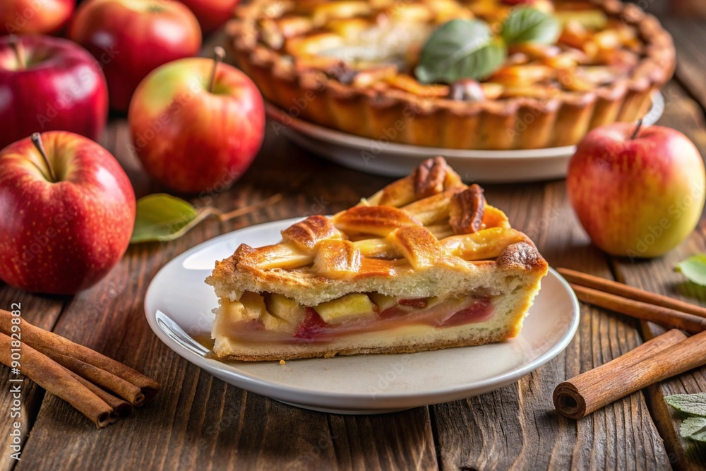 Slice of apple pie on a plate with apples and cinnamon sticks in the background. Cozy autumn dessert scene Slice of apple pie on a plate with apples and cinnamon sticks in the background. Cozy autumn dessert scene