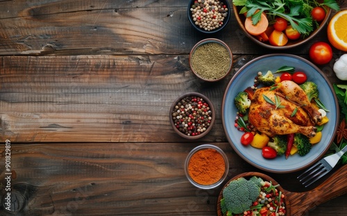 Roasted Chicken With Vegetables on Wooden Table