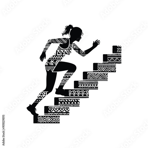 Stair climbing exercise female player with ethnic polynesia pattern illustration, emblem shield badge