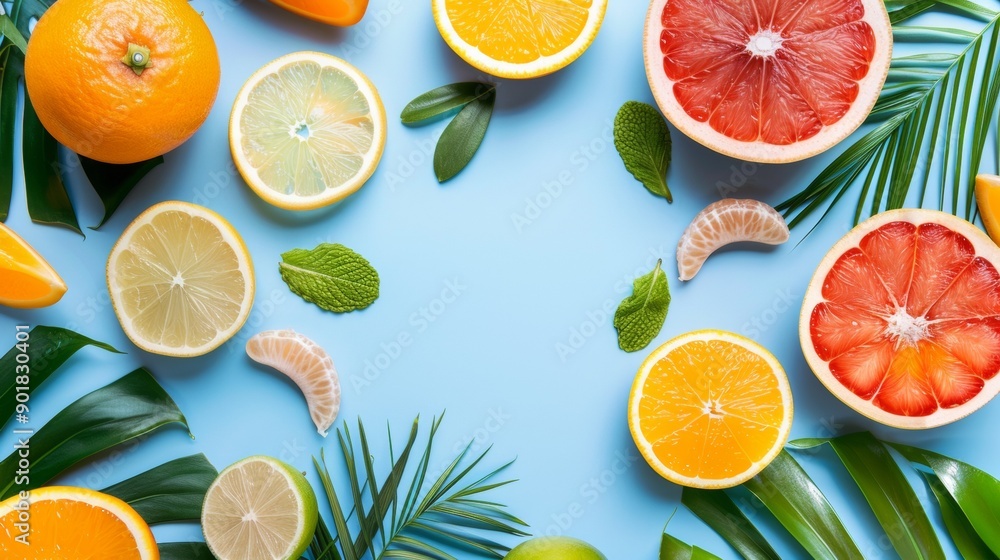 Assorted citrus fruits on blue background with leaves