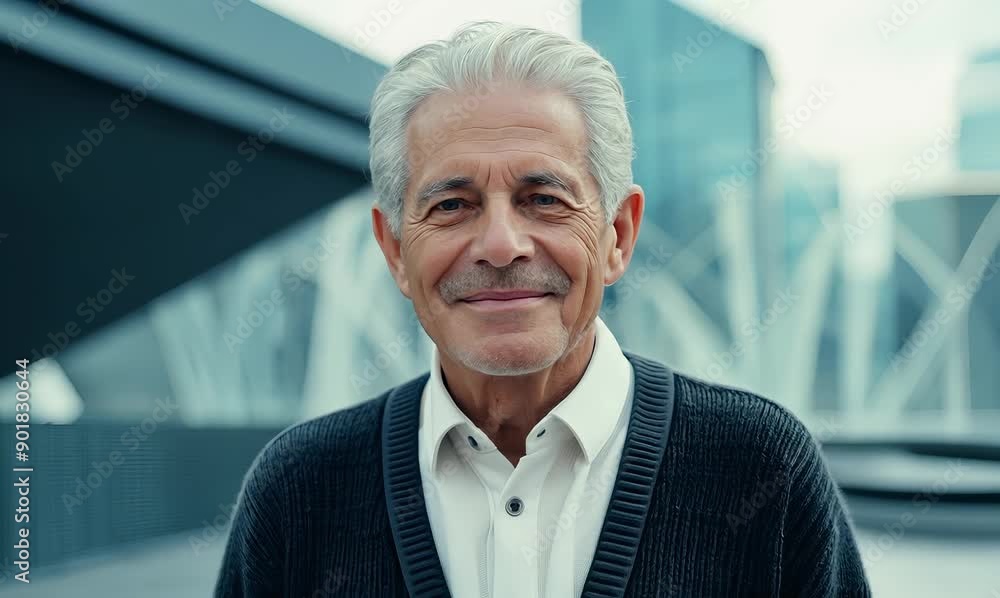 Medium shot portrait of a Brazilian man in his 70s in a modern architectural background wearing a chic cardigan Medium shot portrait of a Brazilian man in his 70s in a modern architectural background wearing a chic cardigan