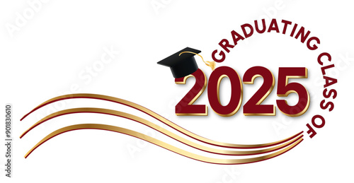 White background - Graduating Class of 2025 in crimson red text in circle around the year. 2025 is in dark red text. A Graduation cap with gold tassel on top of the year. Wavy golden lines accent.