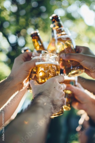 Gruppo di amici bevono birra, brindano e festeggiano photo