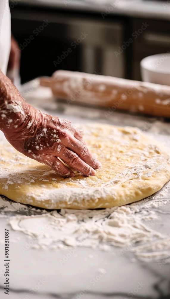 Hands Shaping Perfect Pizza Dough on Floured Marble Countertop - Ideal for Culinary Designs Hands Shaping Perfect Pizza Dough on Floured Marble Countertop - Ideal for Culinary Designs
