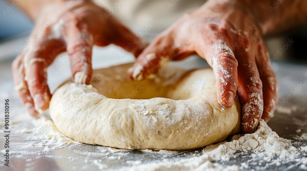 Hands Shaping Dough for Homemade Bagels on Floured Countertop - Culinary Art, Recipe, Pastry Hands Shaping Dough for Homemade Bagels on Floured Countertop - Culinary Art, Recipe, Pastry