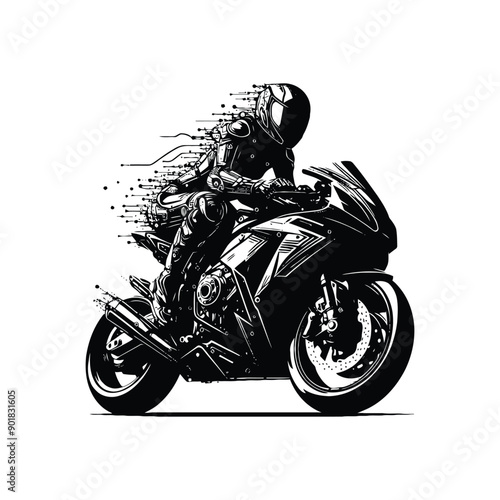 Superbike sport female player with cyberpunk, glitch pattern illustration, emblem shield badge