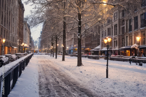 Snow-dusted streets wind through Moscow's historic architecture, illuminated by festive lights under the winter sky photo