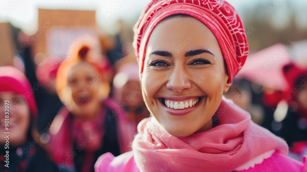 Radiant Woman in Pink Scarf at Empowerment Rally Smiling Warmly Radiant Woman in Pink Scarf at Empowerment Rally Smiling Warmly