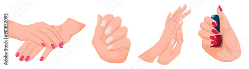 Nails beauty. Set of hands with manicure, nude, red and pink polished nails. Beauty concept, nail polish, nail design. Vector illustration for beauty salon isolated on white background.