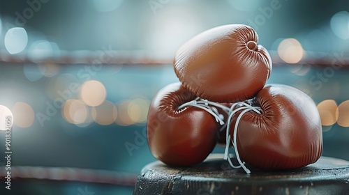 Primo piano di un paio di guanti in pelle da boxe su un piccolo sgabello in un ring di boxe photo