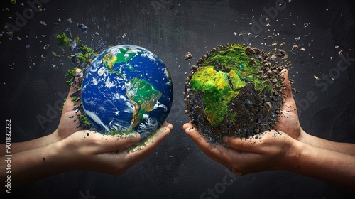 Fototapeta Naklejka Na Ścianę i Meble -  Un pianeta terra in frantumi e uno verde e vibrante, che simboleggiano la dicotomia tra distruzione ambientale e conservazione