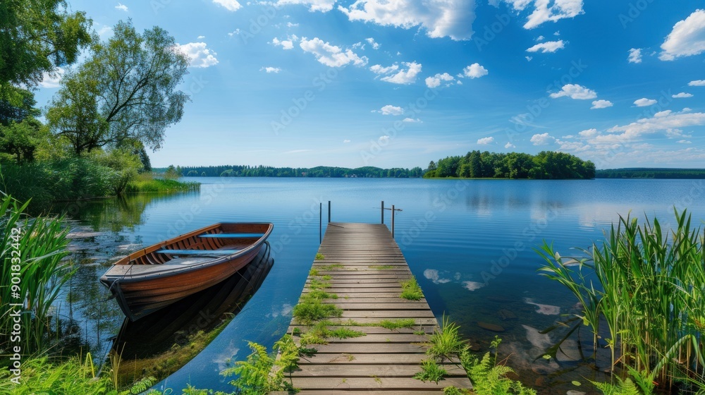 Beautiful summer view of lake with wooden boats background wallpaper AI generated image Beautiful summer view of lake with wooden boats background wallpaper AI generated image