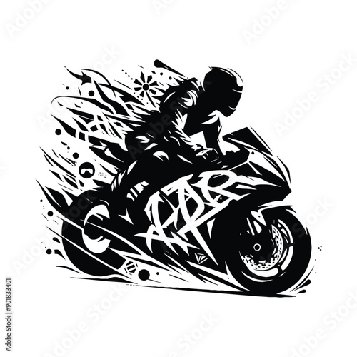 Superbike sport male player with graffiti tags, street art pattern illustration, emblem shield badge photo