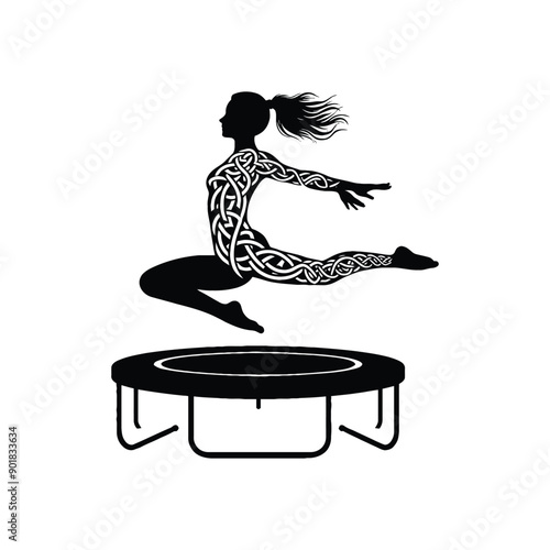 Trampoline sport female player with celtic knot, nordic pattern illustration, emblem shield badge