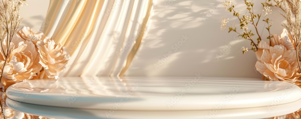 White Circular Platform with Floral Accents and Draped Fabric White Circular Platform with Floral Accents and Draped Fabric