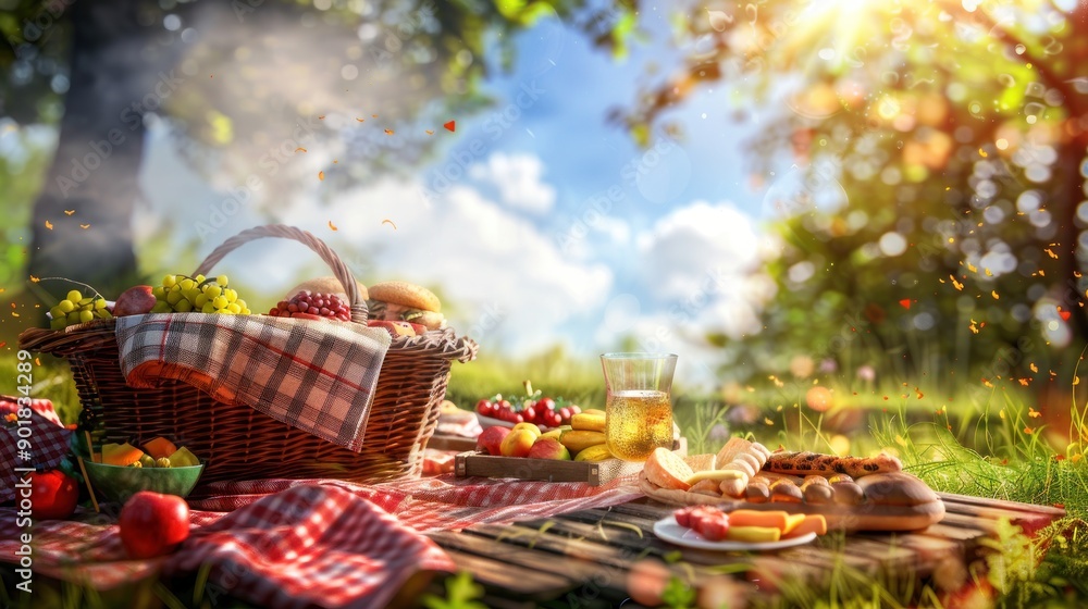 Sunny picnic basket with fresh food and drinks on checkered blanket. Sunny picnic basket with fresh food and drinks on checkered blanket.
