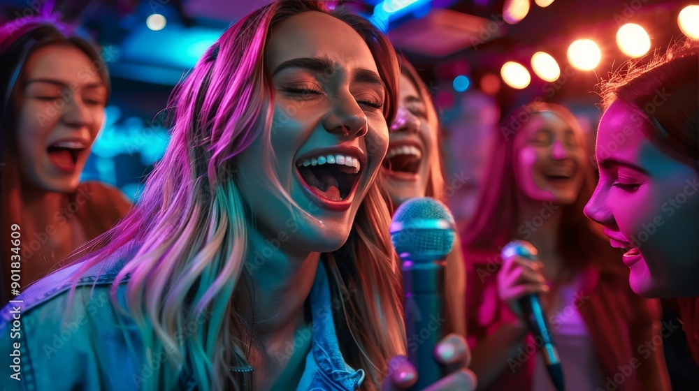 Group of colleagues having fun at a karaoke night, singing and laughing Group of colleagues having fun at a karaoke night, singing and laughing