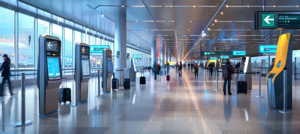 Efficient High-Tech Train Station with Travelers Using Digital Check-In Kiosks and Display Boards Efficient High-Tech Train Station with Travelers Using Digital Check-In Kiosks and Display Boards