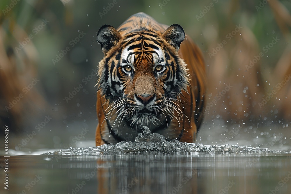 Fototapeta premium A tiger is standing in a body of water, looking at the camera