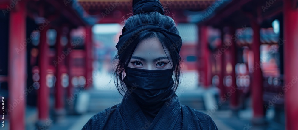 Traditional japanese black costume woman ninja with face covering background wallpaper AI generated image Traditional japanese black costume woman ninja with face covering background wallpaper AI generated image
