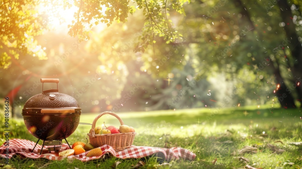 Summer picnic setting with a grill, basket of fruit, and a checkered blanket. Summer picnic setting with a grill, basket of fruit, and a checkered blanket.