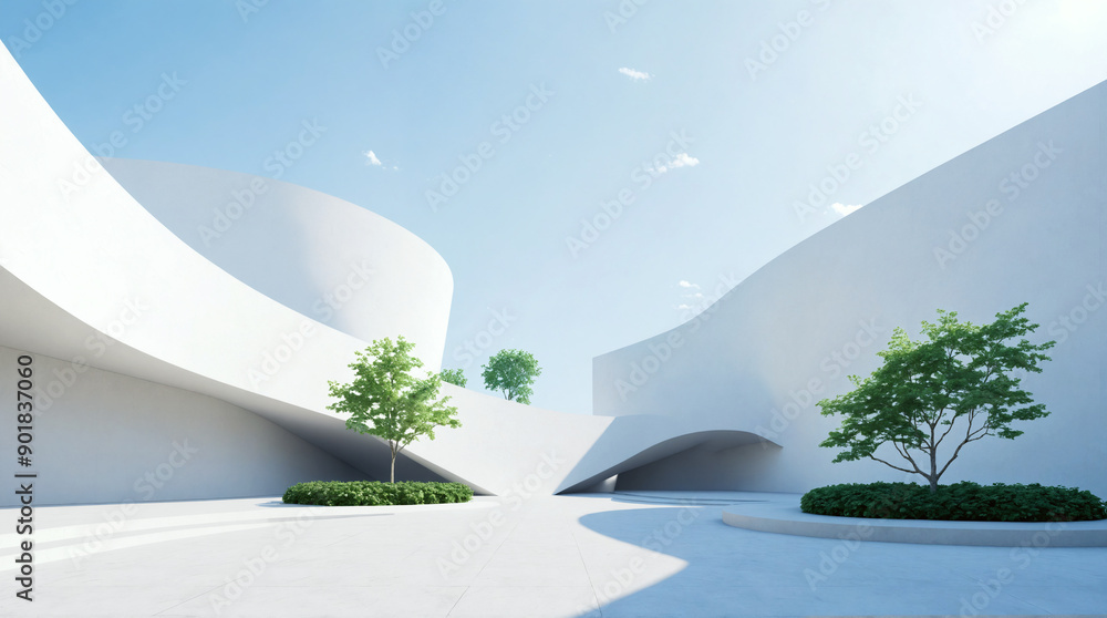 Obraz premium Minimalist futuristic architecture exterior or facade with open space courtyard, contemporary white, grey concrete style building with curved walls, shapes