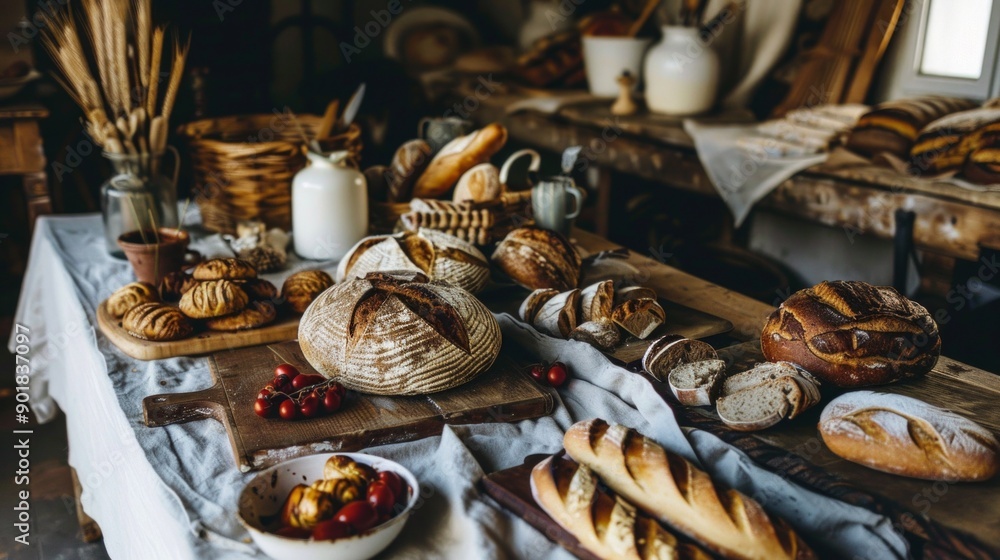 Fototapeta premium A rustic wooden table covered with an assortment of freshly baked breads and pastries, with a white cloth backdrop emphasizing the artisanal quality