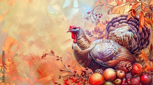 Colorful illustration of a turkey with fall foliage and fruit. photo