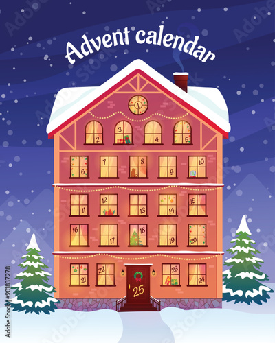 Advent calendar template. Christmas house with countdown windows. Vector illustration.