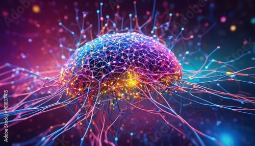 Neural network. 3D illustration. Big data. Data stream. Global database. Artificial intelligence. Bright, colorful background with bokeh effect