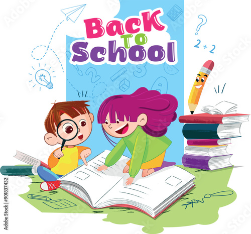 School kids reading books with the smiling pen and letters and letters