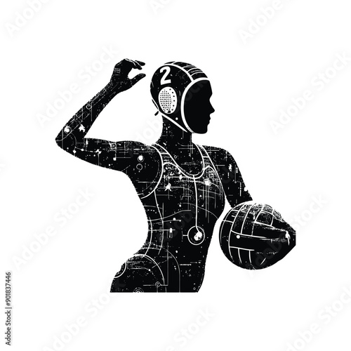 Water Polo sport female player with cyberpunk, glitch pattern illustration, emblem shield badge