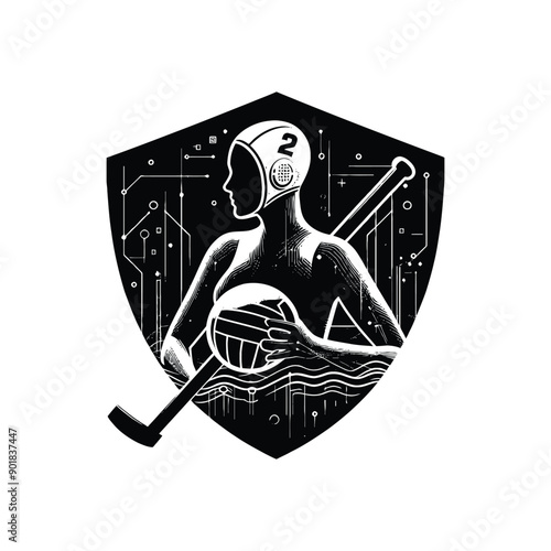 Water Polo sport female player with cyberpunk, glitch pattern illustration, emblem shield badge