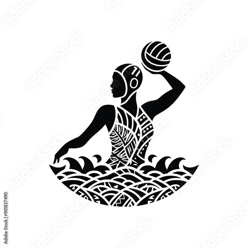 Water Polo sport female player with ethnic polynesia pattern illustration, emblem shield badge