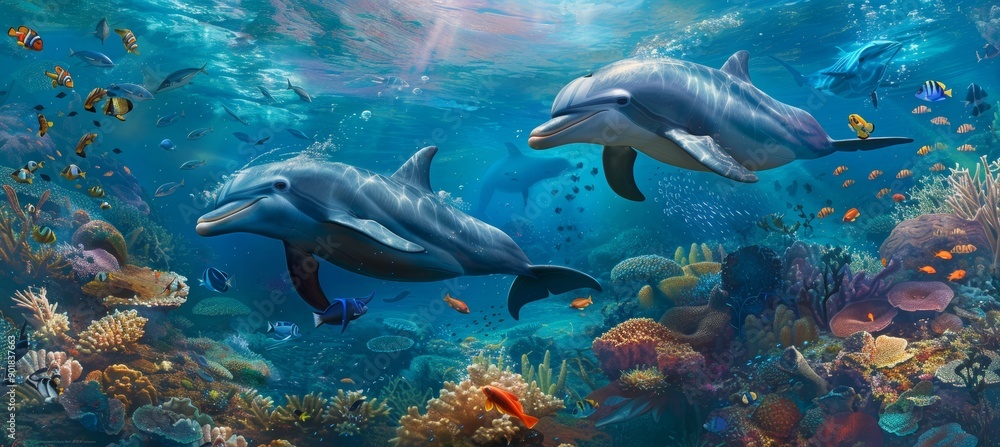Vibrant Underwater Scene with Dolphins and Tropical Fish in a Colorful Coral Reef Vibrant Underwater Scene with Dolphins and Tropical Fish in a Colorful Coral Reef