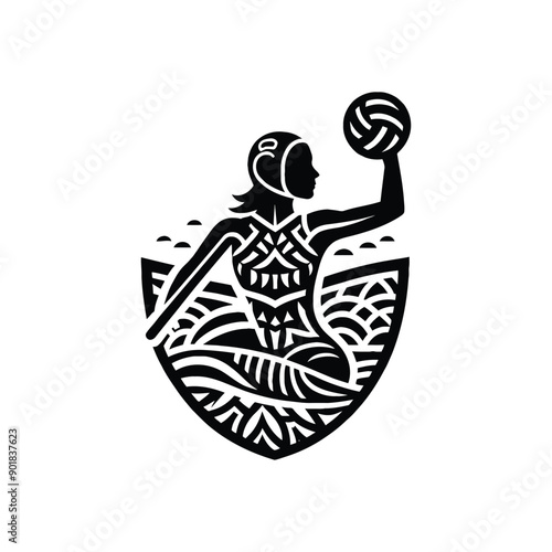 Water Polo sport female player with ethnic polynesia pattern illustration, emblem shield badge