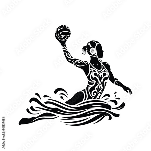Water Polo sport female player with ethnic tribal tattoo, gothic, pattern illustration, emblem shield badge