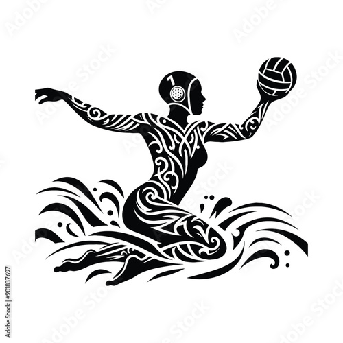 Water Polo sport female player with ethnic tribal tattoo, gothic, pattern illustration, emblem shield badge