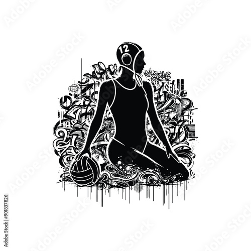 Water Polo sport female player with graffiti tags, street art pattern illustration, emblem shield badge